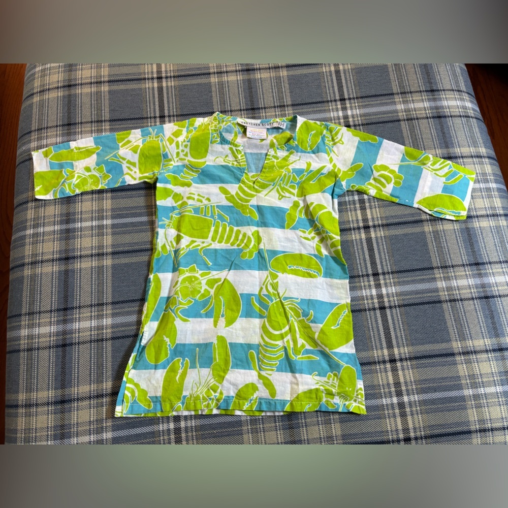 Gretchen Scott Girls Shift Dress Lobster Print Blue Green Stripe Cotton 4-6